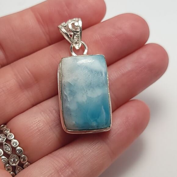 Tranquil Blue Larimar Silver Pendant (1.5") with 18" Necklace - Picture 5 of 8
